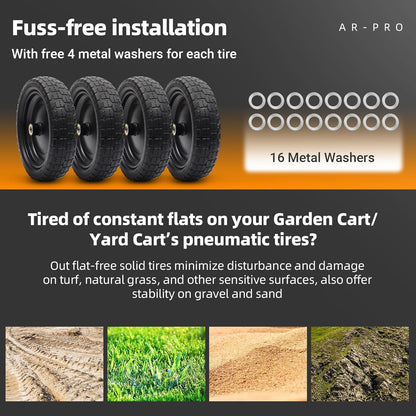 AR-PRO (4-Pack) 13" Flat Free Tire and Wheel - with 5/8" Axle Bore Hole, 2.17" Offset Hub - 13 lnch Solid Wheels Compatible with Garden wagon Cart,Hand Trucks,Utility Cart and Lawnmower Yard Trailers