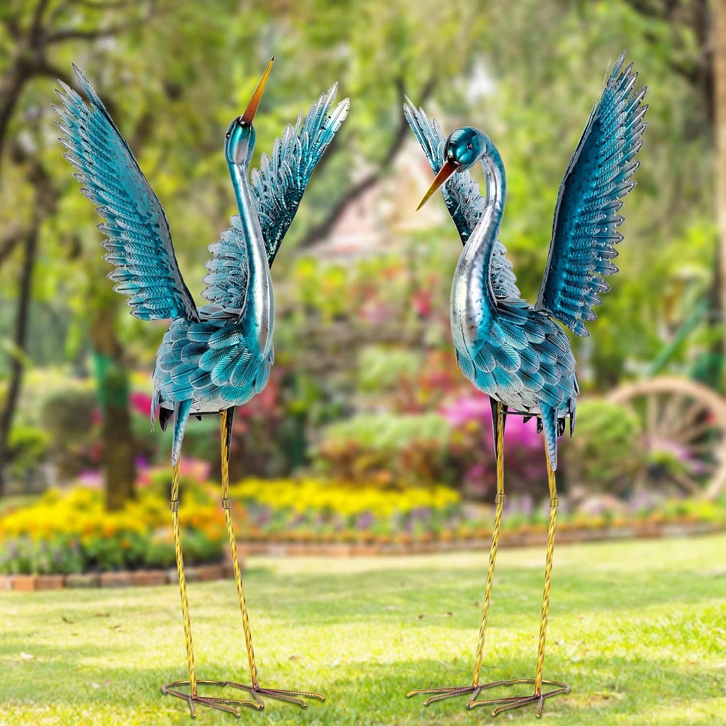 Natelf Garden Crane Statues for Outdoor, Blue Heron Decoy Courtyard Sculptures, Standing Metal Bird Yard Art for Patio Pond Backyard Decor(Set of 2)