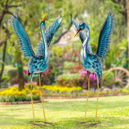 Natelf Garden Crane Statues for Outdoor, Blue Heron Decoy Courtyard Sculptures, Standing Metal Bird Yard Art for Patio Pond Backyard Decor(Set of 2)