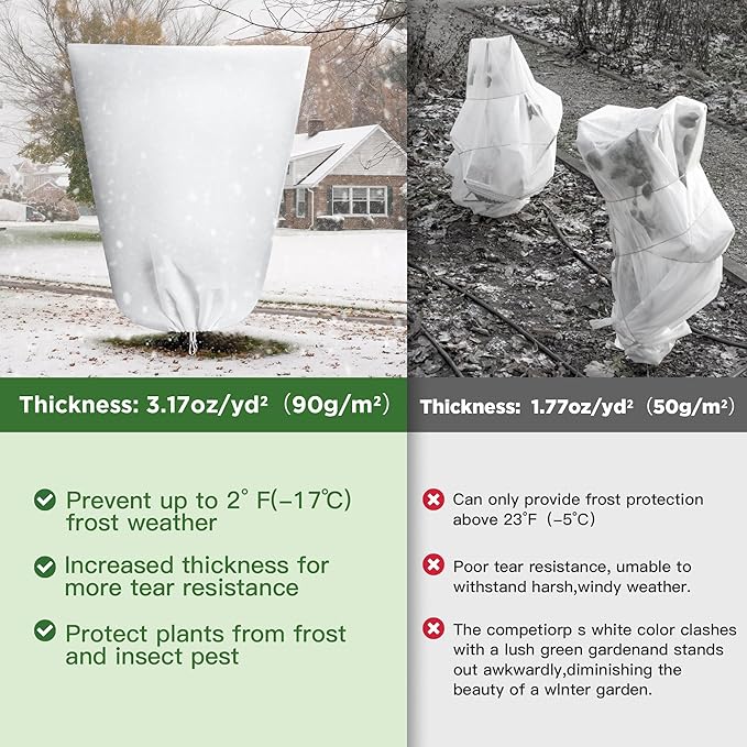 IPOW 4PCS Plant Covers Freeze Protection 47.3'' x 70.9", 3.17oz/yd² Thicken Plants Cover for Winter, Reusable Tree Frost Protection Covers Drawstring Bag with Zipper for Cold Winter Plants Protection