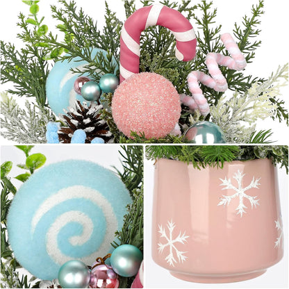 Christmas Centerpieces for Tables, Small Christmas Table Arrangements with Ceramic Vase Pink & Blue Winter Holiday Table Centerpiece with Pine Branches Candy Cane Decor for Tabletop Dinner Tables
