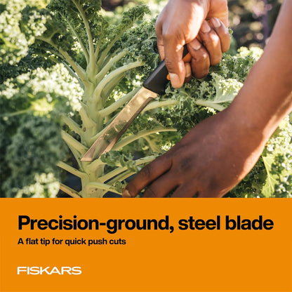 Fiskars Harvesting Knife with Serrated Edge, Gardening Hand Tool with Flat Tip Blade and Sheath, Perfect for Thick Stalks and Stems