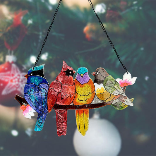 Stained Glass Window Hanging - Large Suncatcher Stained Glass Birds on Branch, Sun Catchers for