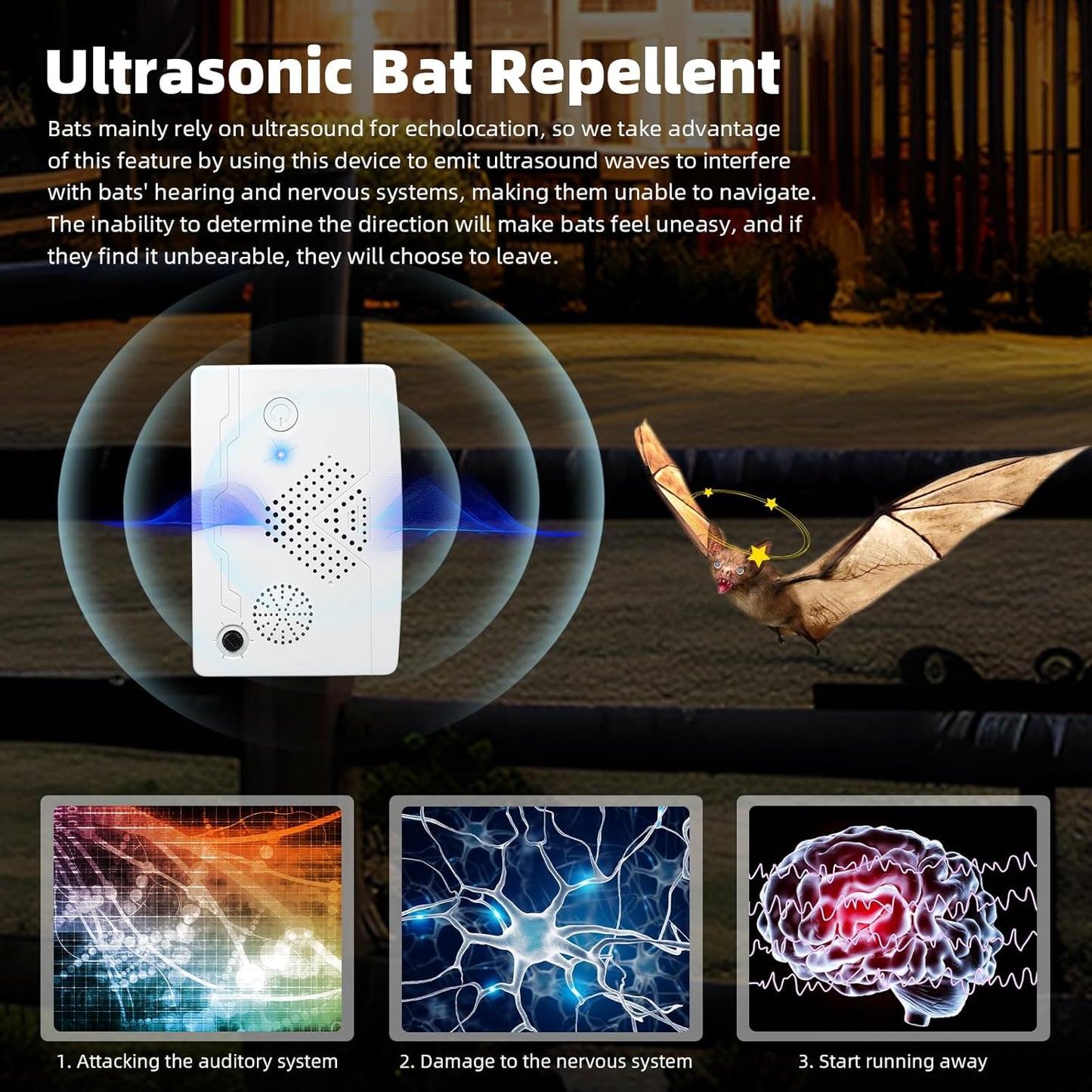 Ultrasonic Bat Devices for Attic: 4PCS Bat Removal Device for Garage, Indoor Outdoor Use - Humane and Effective Rechargeable Bat Deterrent Devices, White