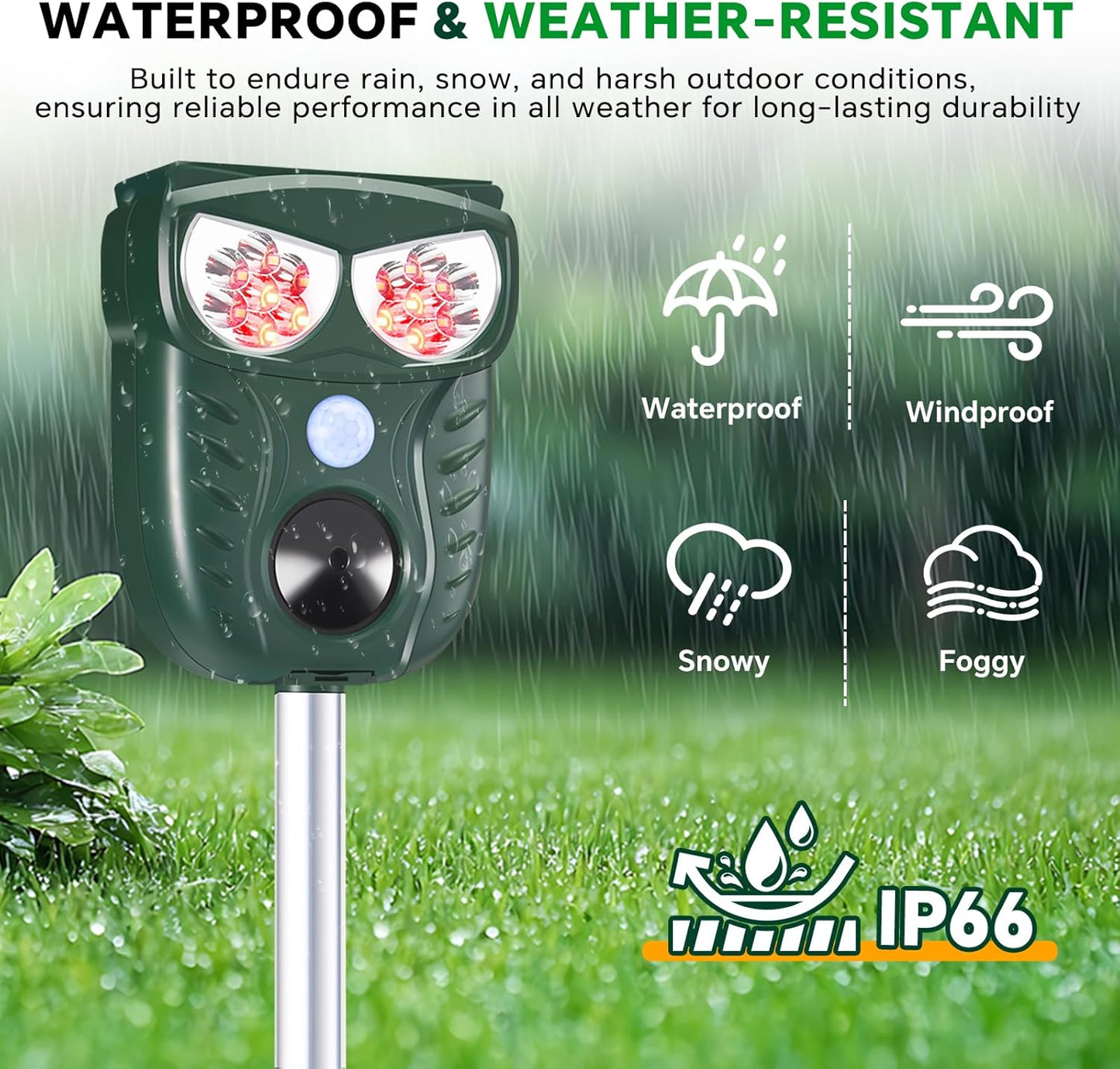 Solar Ultrasonic Animal Repellent Outdoor, Cat Squirrel Raccoon Dog Deer Repellent Device with Motion Detection, IP66 Waterproof Mouse Skunk Rodent Deterrent