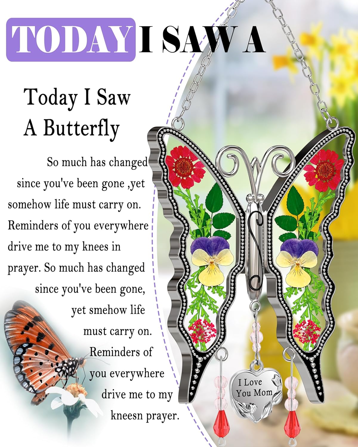 KY&BOSAM for Mom Suncatcher Butterfly Mother Gift I Love You Mom Stained Glass Suncatchers Hanging for Window Wind Chime Ornament Birthday Mother`s Day Gift Valentine`s Christmas