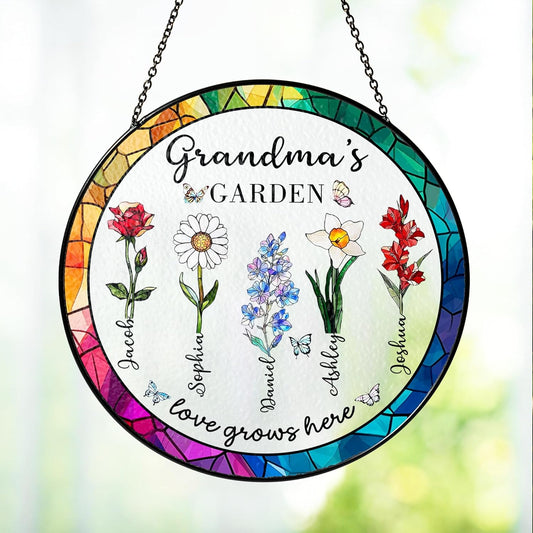 LOVELYPOD Custom Grandma Birth Flowers Stained Glass Window Sun Catcher, Grandmas Garden Sun