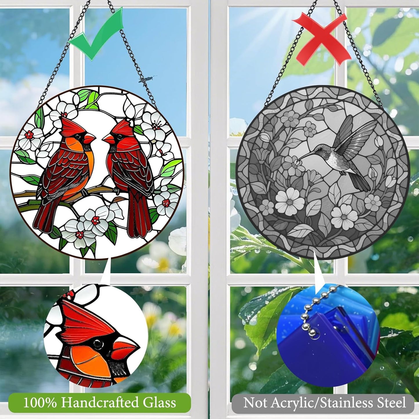 Cardinal Suncatchers Stained Glass for Windows Hanging - 8'' Sun Catchers Indoor Window - UV-Print Stain Glass Window Hanging for Home Decor, Wall Art, Gifts for Mom, Bird Lovers