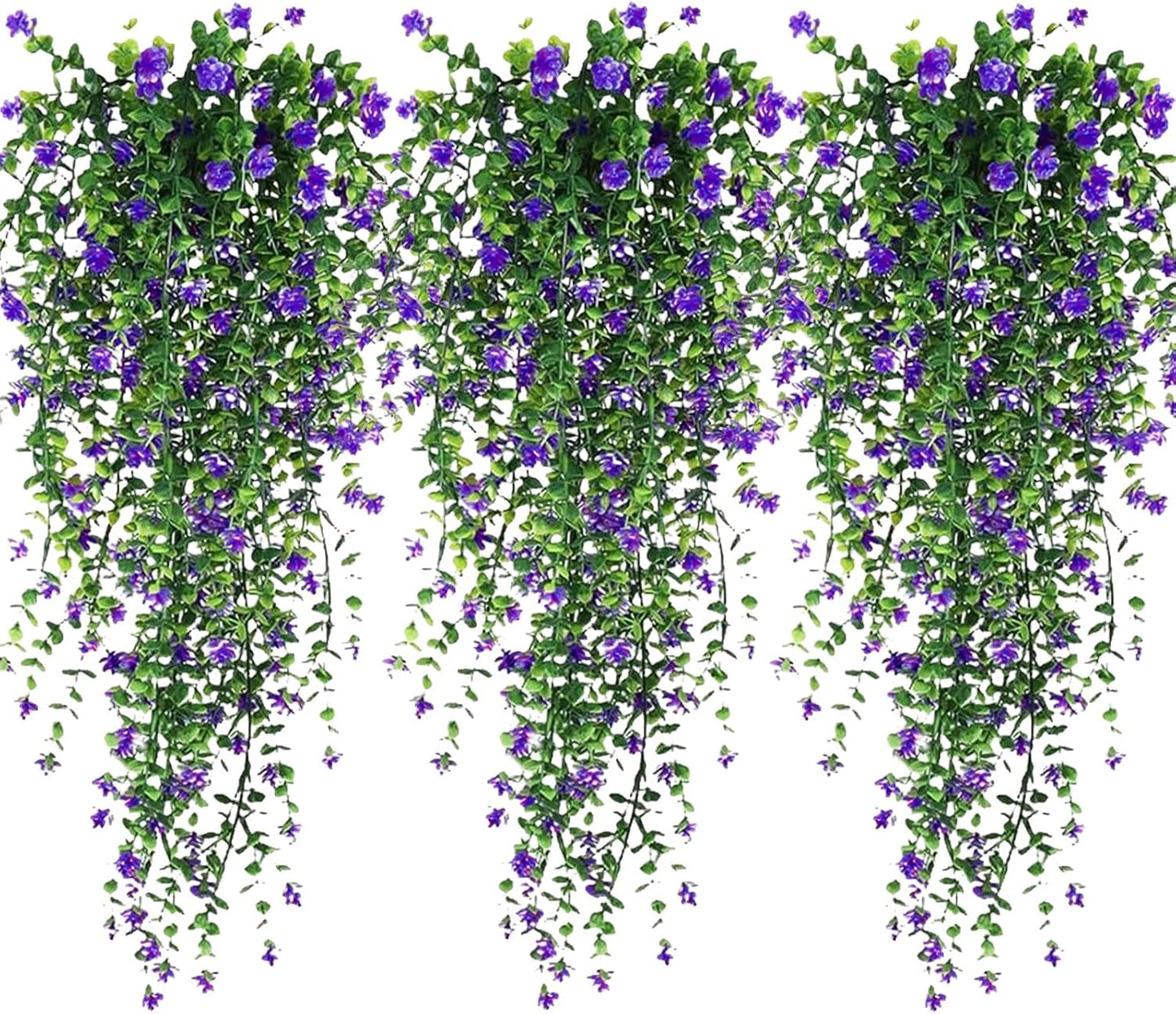 Artificial Hanging Flowers, 3 Pcs Fake Hanging Plants Artificial Vines for Outdoors, Fake Ivy Vine UV Resistant No Fade Faux Plants for Indoor Outside Garden Patio Yard Greenery Decoration (Purple)