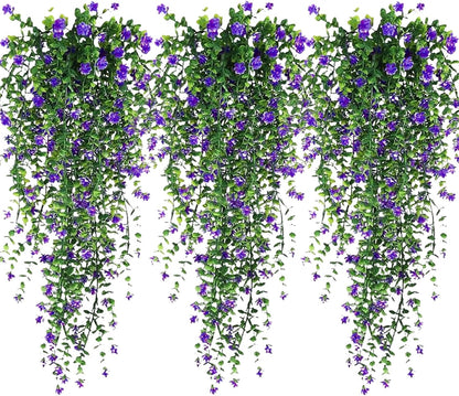 Artificial Hanging Flowers, 3 Pcs Fake Hanging Plants Artificial Vines for Outdoors, Fake Ivy Vine UV Resistant No Fade Faux Plants for Indoor Outside Garden Patio Yard Greenery Decoration (Purple)
