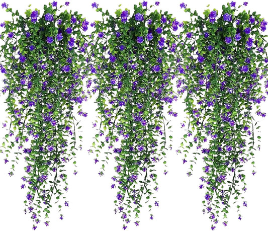 Artificial Hanging Flowers, 3 Pcs Fake Hanging Plants Artificial Vines for Outdoors, Fake Ivy Vine