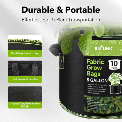 BN-LINK 10-Pack 5 Gallon Grow Bags, Heavy Duty Aeration Fabric Pots with Handles, Thickened Nonwoven Plant Bags for Vegetables, Flowers, Fruits