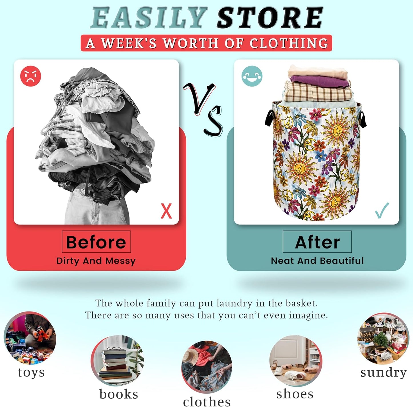 Colorful Hippie Peace Flowers Laundry Basket Foldable With Handles Tote Bag Oxford Cloth Funny Laundry Hamper Clothes Storage Bucket Toy Organizer For Bathroom/Laundry/Bedroom 18.9"x16.5 "