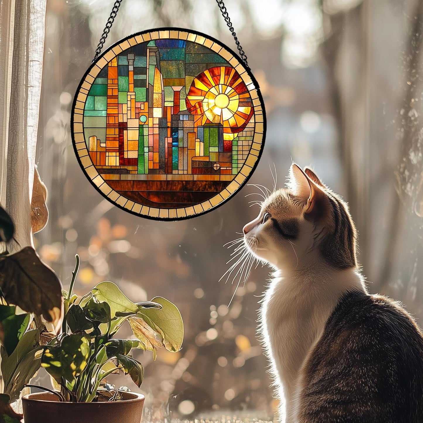 Stained Glass Window Hanging Colorful Cityscape Golden Sun 9.8" - Suncatcher Door Garden Sun Catcher Home Decor Birthday Christmas for Mom Men Woman Nana Friend