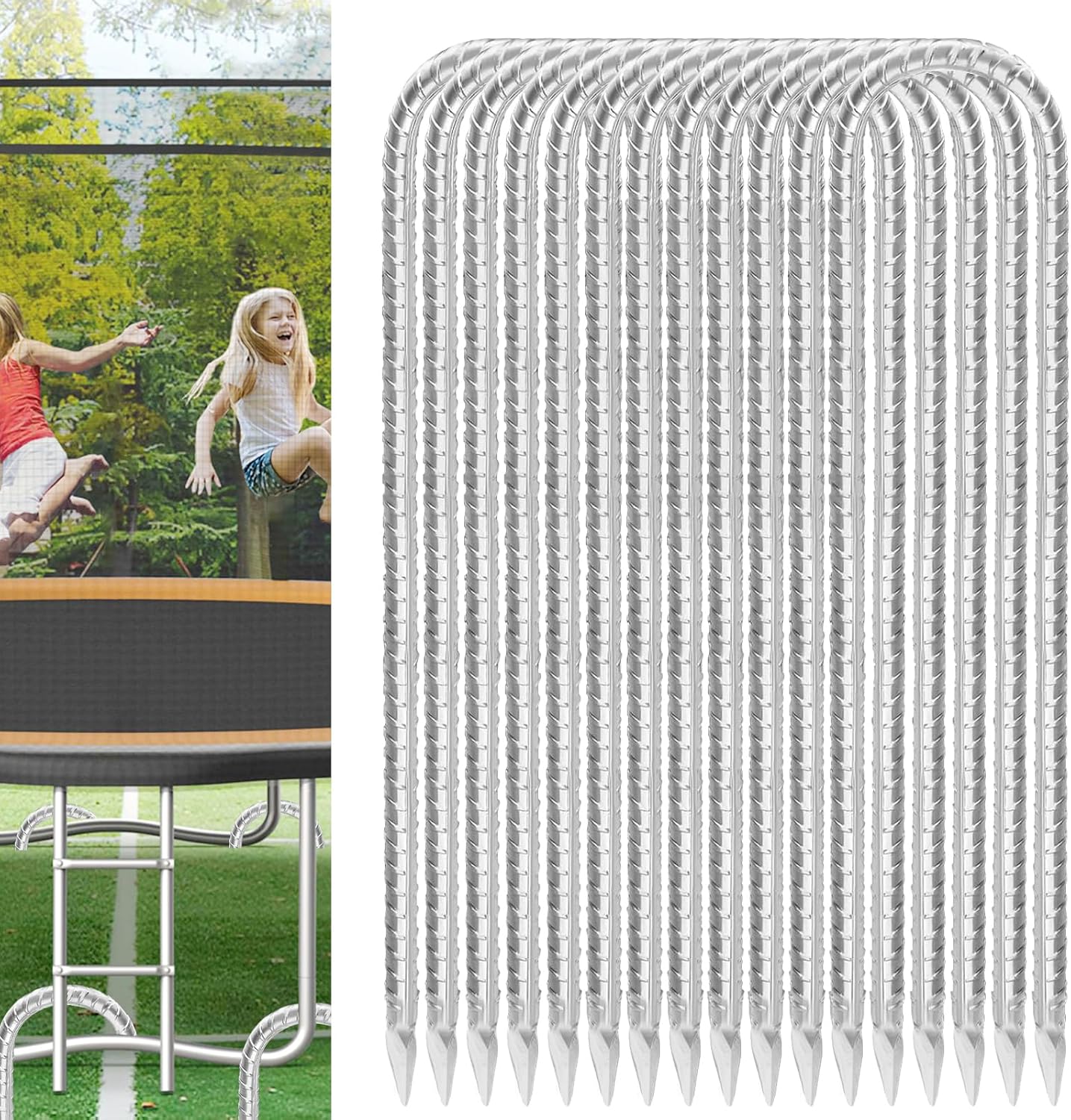 Trampoline Stakes Anchors High Wind 12inx6mm Galvanized U Hook 12pcs Rebar Stakes – Heavy Duty Ground Anchors for Trampoline,Yard & Inflatable,Landscape Metal Stakes for Outdoor Decorations