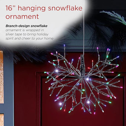 Alpine Corporation 16"H Indoor Holiday 3D Snowflake Hanging Ornament with LED Lights, Silver , Christmas Decoration