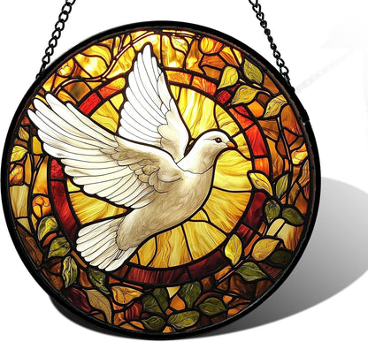 Stained Glass Window Hanging, Flying White Dove Sun Catchers Diamond Glass Panel Hangings Cute Birds Suncatcher Decor for Birthday for Women, Men, Wife, Aunt, and Mom 9.8X9.8 in
