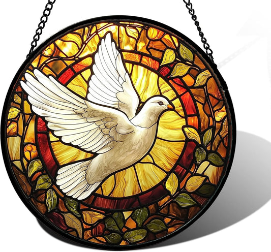 Stained Glass Window Hanging, Flying White Dove Sun Catchers Diamond Glass Panel Hangings Cute