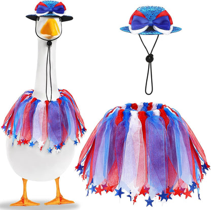 Independence Day Goose Outfit, 2 Pcs Set Hat and Tulle Ballet Skirt for 23" 17" Cement Statue Lawn Goose Clothes Costumes 4th of July Goose Outfit for Party Outdoor Patio Yard Lawn Decor