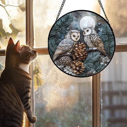 Stained Glass Window Hanging - Owl On A Tree Suncatcher for Doors Garden Patio Winter Scene Sun Catchers Decor Christmas Mother's Day Birthday Gifts for Women Men Mom Nana Friend 7.8 in