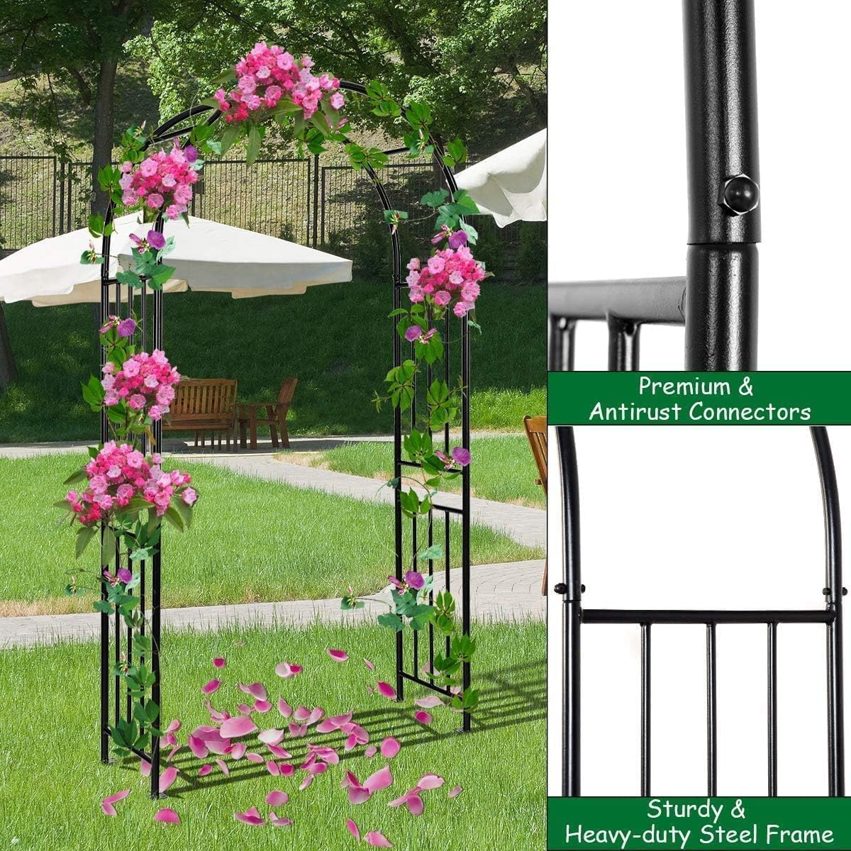 Metal Garden Arch Arbor Trellis – Heavy Duty Steel Garden Arbor for Climbing Plants, Wedding Ceremony, Party & Outdoor Decoration – Weather-Resistant Black Garden Archway for Lawn, Patio, and Pathway