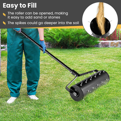 Goplus Rolling Lawn Aerator, 21-Inch Garden Yard Rotary Push Tine Filled Sand Stone, Heavy Duty Spike Soil Aeration w/Metal Handle, Fillable Drum 51" Manual Lawn Aeration Tool Garden Grass Patio Yard