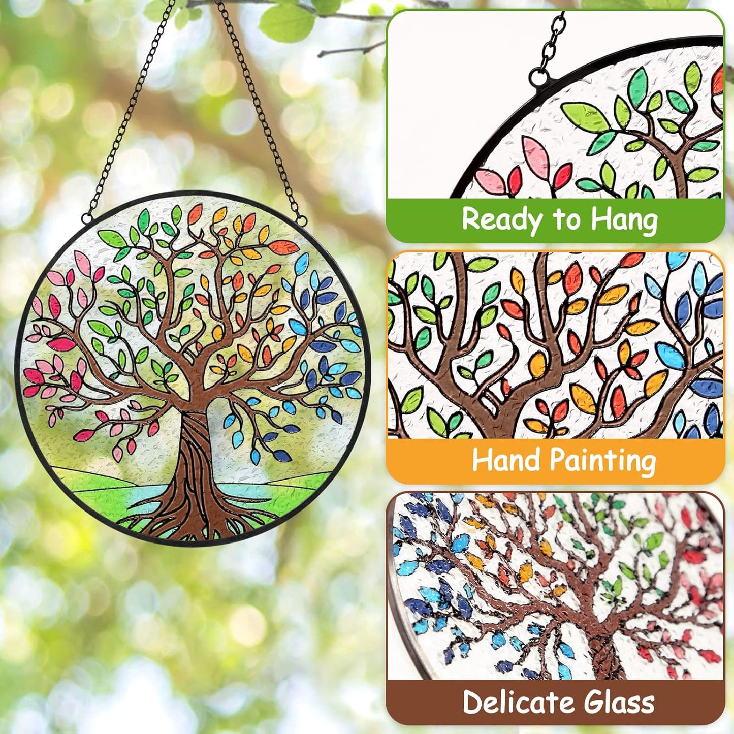 Tuitessine Tree of Life Stained Glass Suncatcher Four Season Theme Colorful Leaves Window Wall Hanging Ornament Hand-Painted Glass Panel Decor Gift for Women Christmas Thanksgiving Gift 6.3 * 6.3”