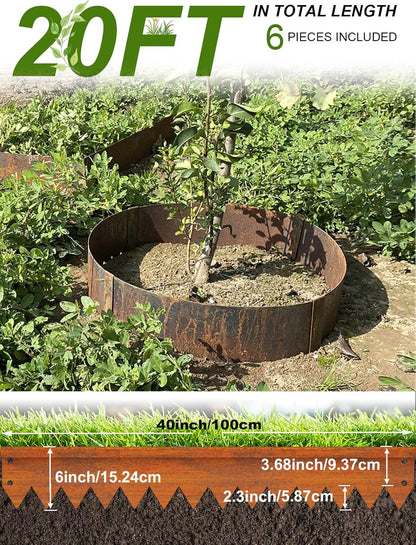 Landscape Edging Border, 40" L x 6" H 6Pack(20FT Total Rusted Corten Steel Garden Edging with Spikes, Sturdy Elegant Metal Lawn Broder for Flower Beds, Pathways, Paver Edges and Yard