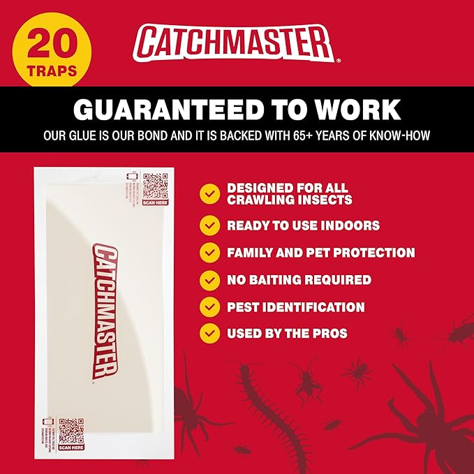 Catchmaster XL Extra-Strength Centipede & Spider Glue Traps 20-PK, Adhesive Bug Catcher, Spider, Cricket, Ant & Roach Traps for Home, Bulk Insect Glue Boards for House & Garage, Pest Control for Home