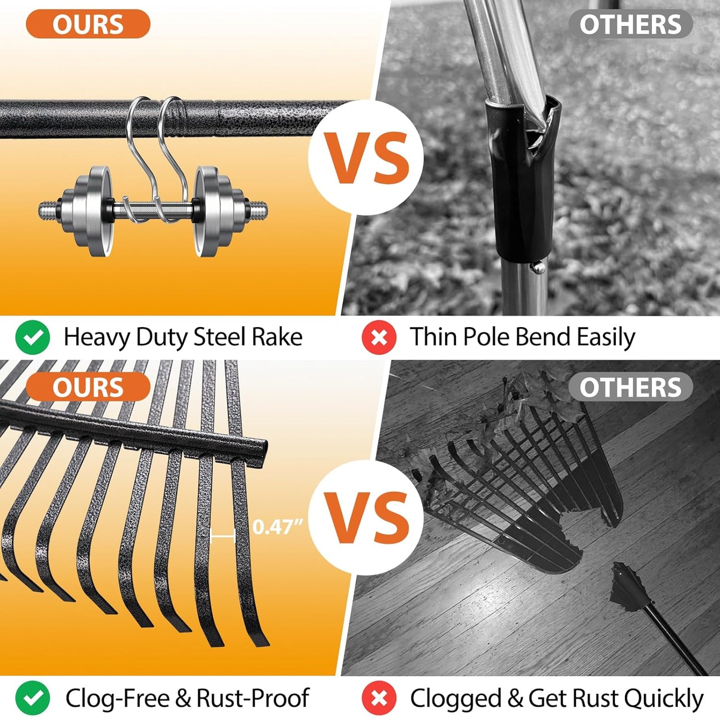 Rake, Gardening Rakes for Leaves Lawns Heavy Duty, 79 in Leaf Rake with 25 Clog-Free Tines, 18.5” Wide Large Head, Metal Garden Tools for Yard Quick Cleanup Garss, Debris, Detachable for Camping