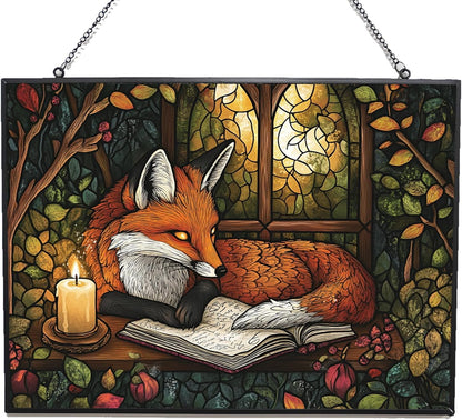 Personalized Rectangle Boho Fox Journaling in Forest Stained Glass Window Hanging, Stained Glass Window Decor Suncatcher for Women, Home Décor