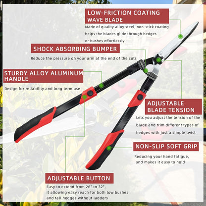 Hedge shears, Extendable 26"-32" Hedge Clippers with Sharp Wavy Blade, Manual Hedge Trimmer for Trimming Borders and Shaping Shrubs, Garden Shears Pruner for Lawn and Yard Tools