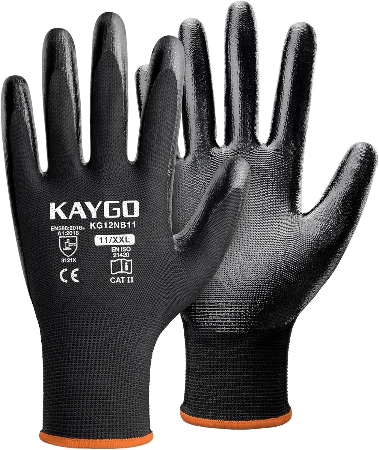 KAYGO Work Gloves Nitrile Coated, 12 Pairs KG12N，Seamless Knit, Protective Safety Work Gloves with Good Grip for General Work,Black,2XL