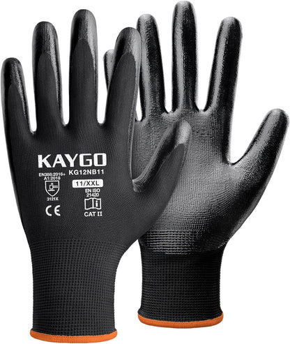 KAYGO Work Gloves Nitrile Coated, 12 Pairs KG12N，Seamless Knit, Protective Safety Work Gloves with Good Grip for General Work,Black,2XL