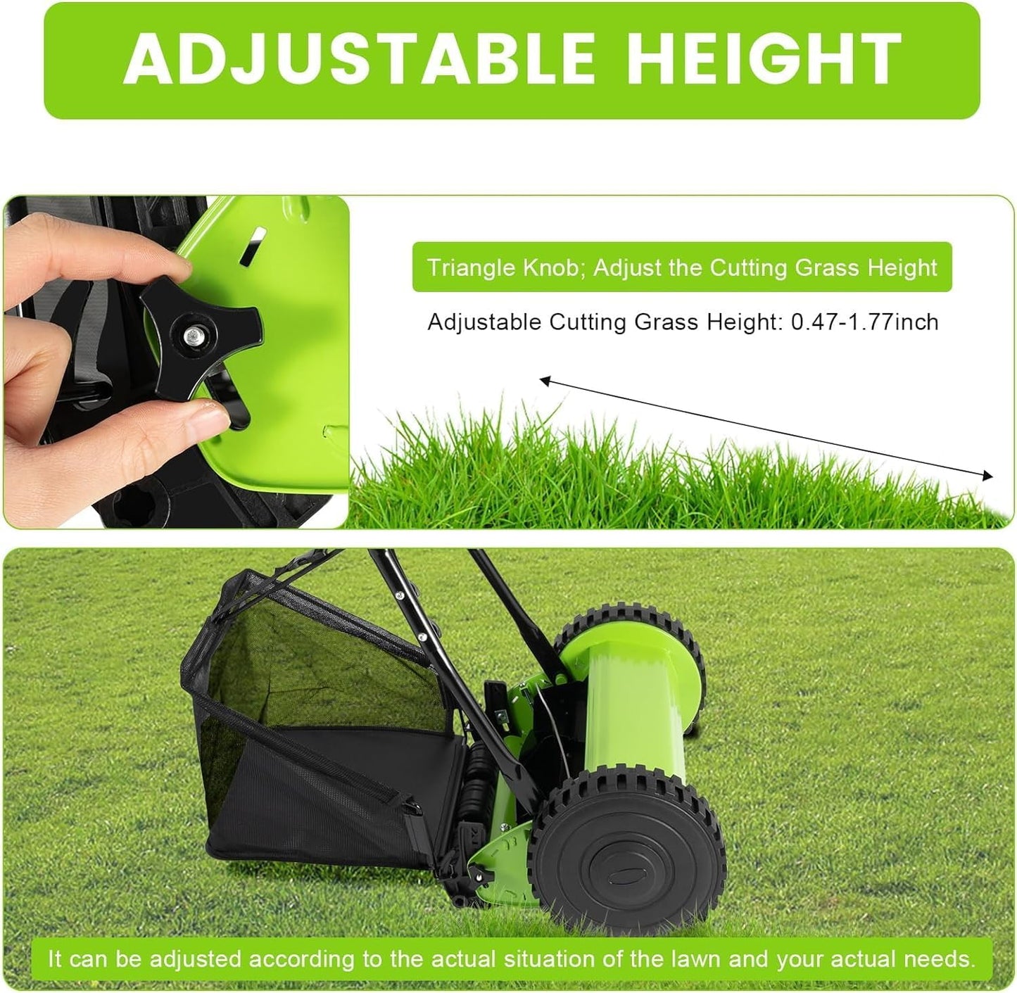 12 Inch Manual Push Reel Lawn Mower with Adjustable Mowing Height, 5 Blades and Collection Bag, Push Lawn Sweeper Grass Catcher Outdoor Power Tools for Picking up Leaves,Grass and Debris on Lawns