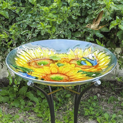 MUMTOP Outdoor Glass Birdbath with Metal Stand for Outside Lawn Yard Garden Sunflower Decor,18??Dia/21.65 Height