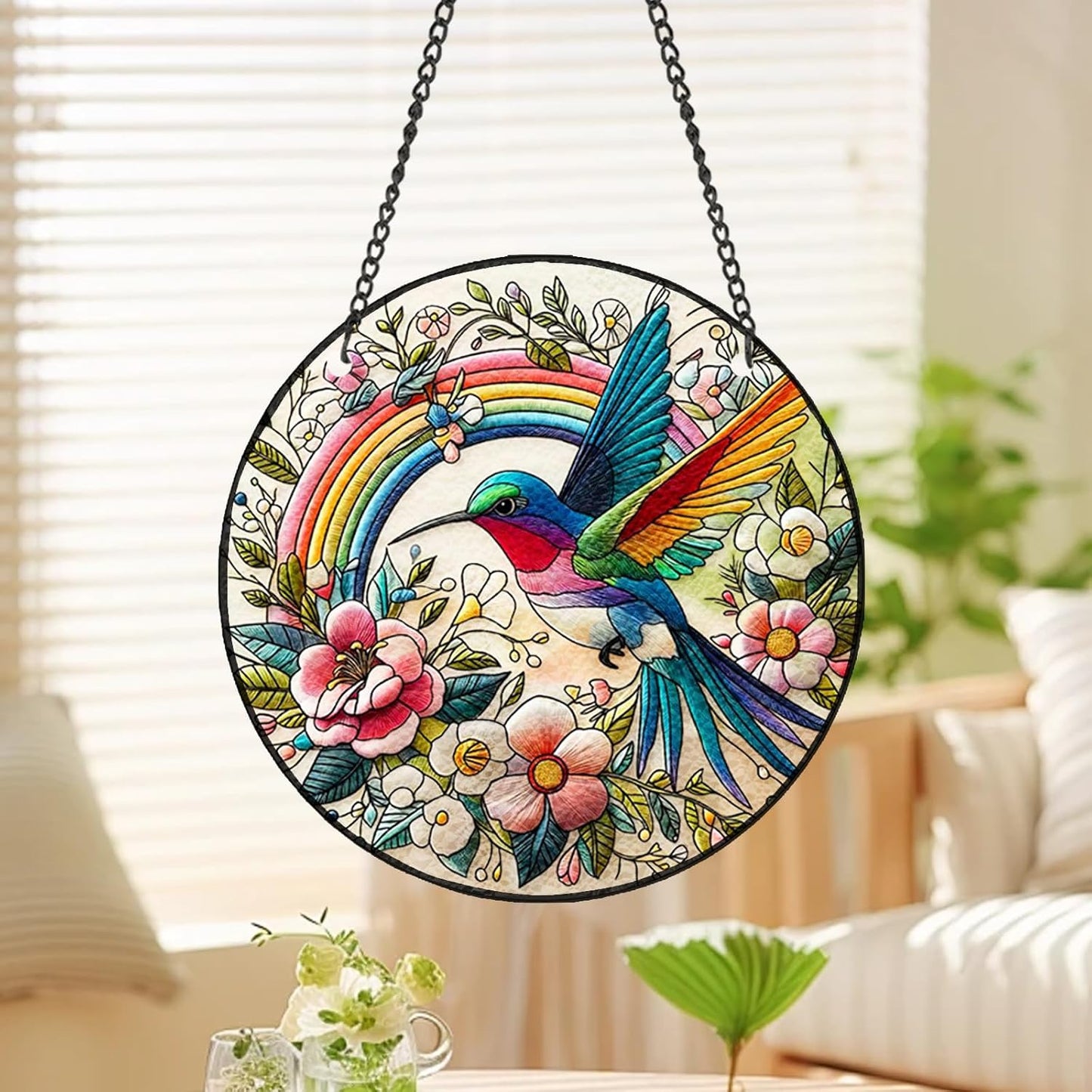 Hummingbird Suncatcher Stained Glass Window Hanging Original Design of 7.8''Hummingbirds Rainbow Flowers for Sun Catchers Indoor Wall Art Home Decor Gift Painted Glass Panel