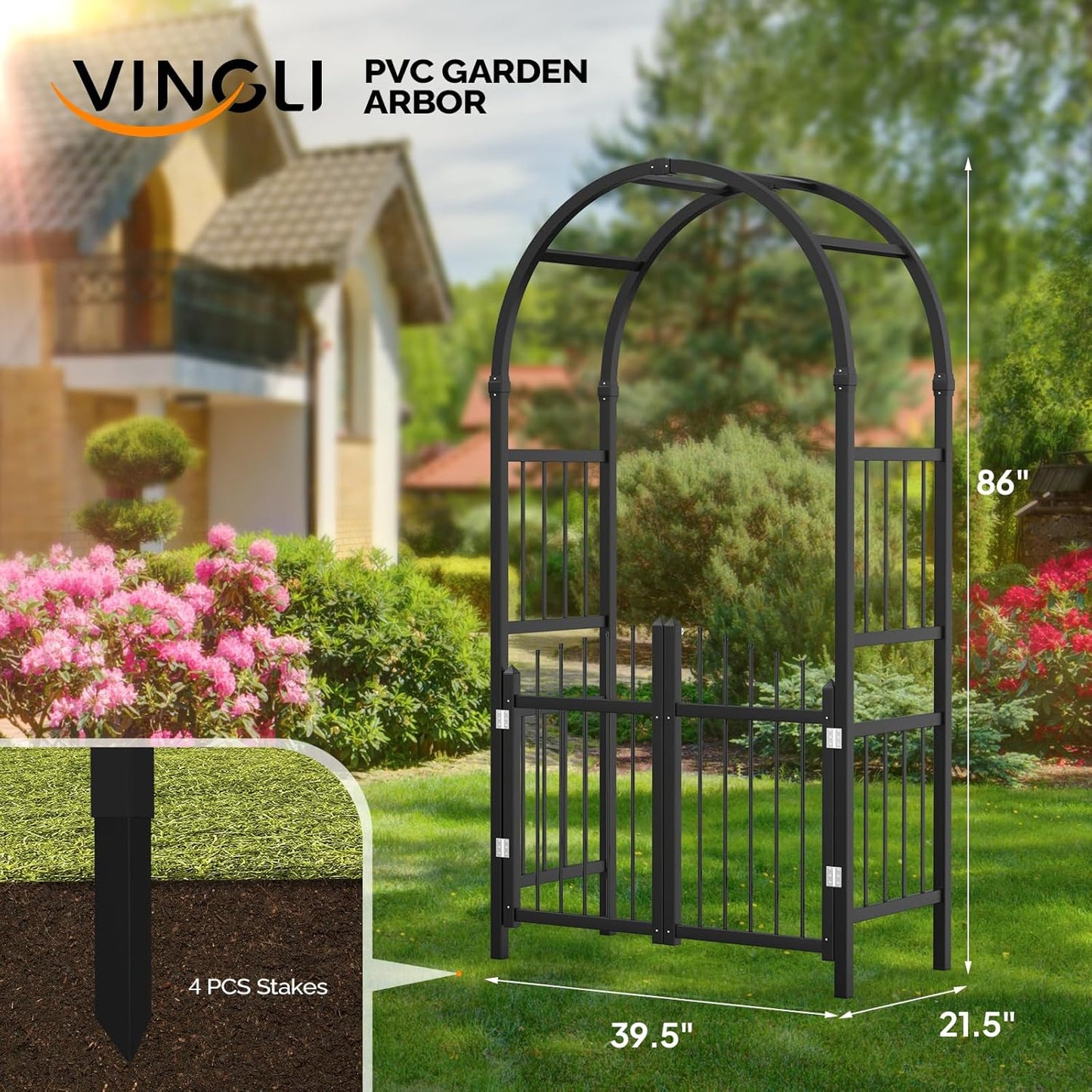 VINGLI Garden Arbor with Gate, PVC Frame Trellis Garden Arch for Plant Climbing, Vinyl Pergola Wedding Arch Backdrop Standing for Backyard, Lawn, Event (Black)