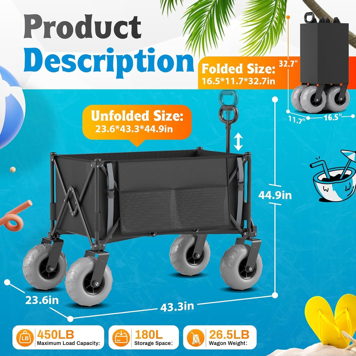 Heavy Duty Beach Wagon with 9" Big Wheels for Sand - 450lbs Load Foldable Wagon with Adjustable Handle & Cooler Bag, Collapsible Beach Cart for Shopping Garden Sports Camping Outdoor