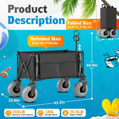 Heavy Duty Beach Wagon with 9" Big Wheels for Sand - 450lbs Load Foldable Wagon with Adjustable Handle & Cooler Bag, Collapsible Beach Cart for Shopping Garden Sports Camping Outdoor