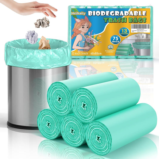 Garbage Bags 13 Gallon Tall Kitchen - Clear Green Biodegradable Large Trash Bags Unscented