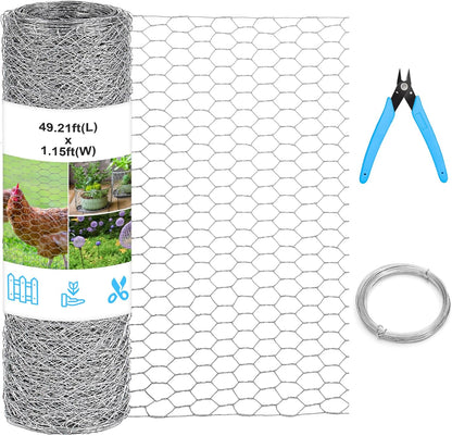 Chicken Wire Mesh 13.7 in x 50 ft in Silver Floral Chicken Wire Poultry Netting Hexagonal Galvanized PVC Coated Wire Mesh for Floral Arrangements Craft with 30 Zip Ties, Glove and Wire Cutting Pliers