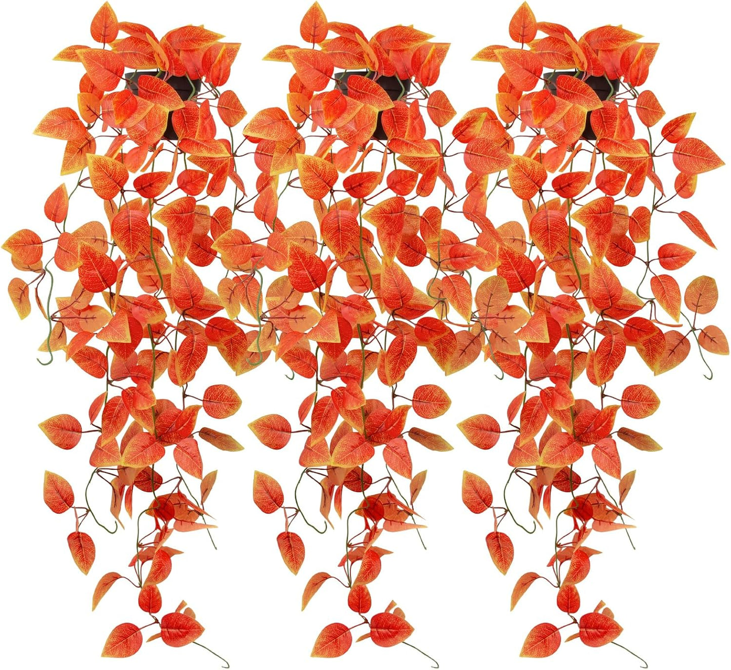 3 Pack Artificial Fall Plants Hanging Orange Vines Potted Fall Foliage Fake Pothos Trailing Plant Autumn Decoration for Indoor Outdoor Thanksgiving Bathroom Wall Kitchen Room Shelf Decor (Black Pot)