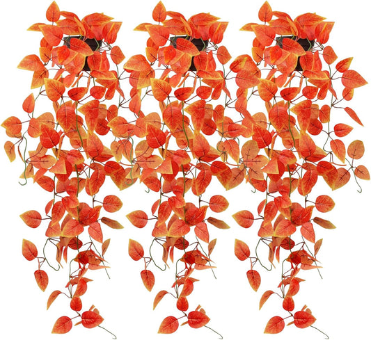 3 Pack Artificial Fall Plants Hanging Orange Vines Potted Fall Foliage Fake Pothos Trailing Plant Autumn Decoration for Indoor Outdoor Thanksgiving Bathroom Wall Kitchen Room Shelf Decor (Black Pot)