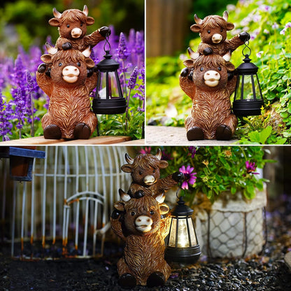 Solar Highland Cow Garden Decor - Resin Cow Statue with Solar Lantern Outdoor Yard Patio Decor - Ideal Gifts for Women,Mom Men (Copper)