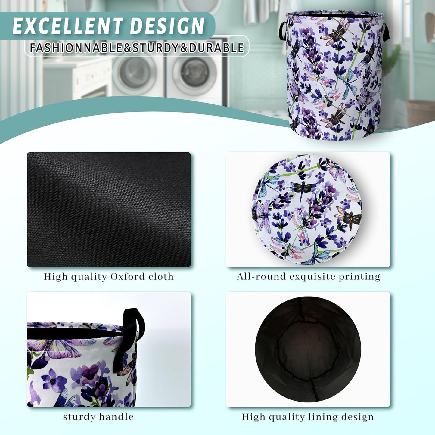 Dragonfly Laundry Basket Foldable With Handles Purple Floral Tote Bag Oxford Cloth Colorful Laundry Hamper Clothes Storage Bucket Toy Organizer For Bathroom/Laundry/Bedroom 18.9" x 16.5 "