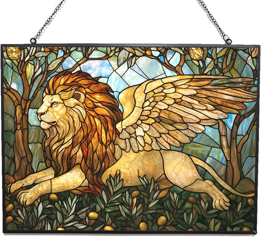 Personalized Rectangle Art Nouveau Olive Angel Lion Stained Glass Suncatcher Window Hanging, Gothic