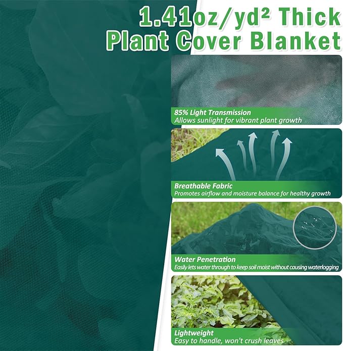 10×33 ft Plant Covers Freeze Protection- 1.4 oz/yd² Frost Cloths Blankets for Outdoor Plants, Reusable Floating Row Cover Plant Freeze Protection for Winter Garden Vegetables Raised Bed, Green