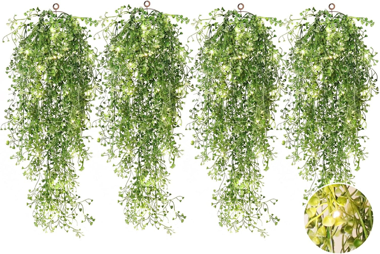 RECUTMS Artificial Hanging Ferns 2.5ft Artificial Ivy Vine Greenery with 30 LED Large Faux Wall Plants Artificial Plants Outdoor for Farmhouse Room Corridor Window Decor 4 PCS (White)