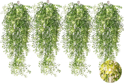 RECUTMS Artificial Hanging Ferns 2.5ft Artificial Ivy Vine Greenery with 30 LED Large Faux Wall Plants Artificial Plants Outdoor for Farmhouse Room Corridor Window Decor 4 PCS (White)